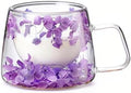 Double Wall Glass Coffee Mug with Dry Flowers, 200ml Clear Tea Cup(Purple) by Tomotato