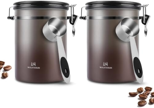 Coffee Canister Airtight Storage Container Stainless Steel Coffee Jar with Scoop,Date Tracker CO2 Release Valve for Dry Food Beans Ground Tea Flour Cereal and Sugar (1.8L Grey-Brown With Spoon(2pcs)) by Walktosun