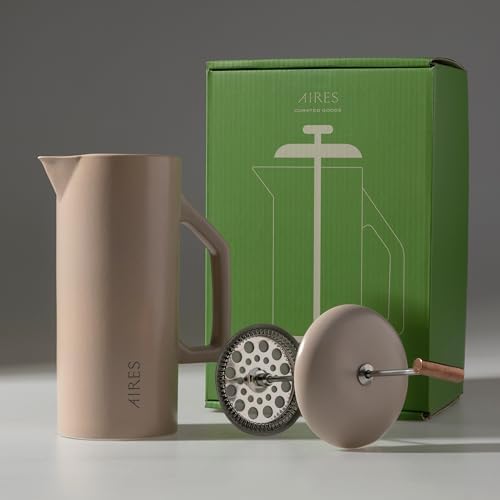 AIRES Ceramic French Press Coffee Maker – 34 oz Heat-Retaining Stoneware – Elegant Neutral Color – Inspired by Buenos Aires Coffee Culture – Gift-Ready with Barista Brewing Guide by Unknown