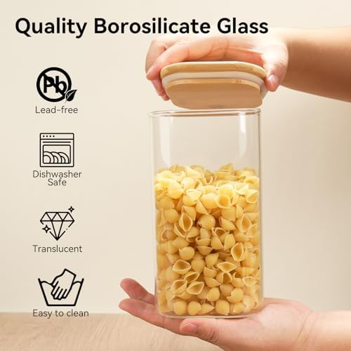 6 Pack Glass Pantry Storage Jars - 37oz Airtight Food Storage Containers Set with Bamboo Lid Labels, Square Kitchen Pantry Canister Organizers for Cookies Candy Coffee Bean Sugar Tea Spice Cereal - Image 4