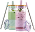 Pandaloo® Glass Cups With Lids and Straws -20 Fl Oz- Perfect Size Iced Coffee Cup - Smoothie Cup With Bamboo Lid and On the go Lid - Glass Tumbler (2 Count (Pack of 1), Lilac-Sage) by Pandaloo