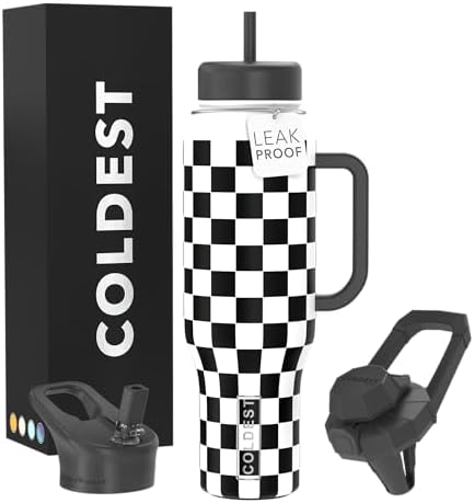 Coldest Tumbler with Handle and Straw, 100% Leak Proof Insulated Tumbler with Lid and Straw (3 Lids), Stainless Steel Tumblers for Women & Men, Cup Holder Friendly, 46 oz (Black Checkers) by Coldest