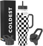 Coldest Tumbler with Handle and Straw, 100% Leak Proof Insulated Tumbler with Lid and Straw (3 Lids), Stainless Steel Tumblers for Women & Men, Cup Holder Friendly, 46 oz (Black Checkers) by Coldest