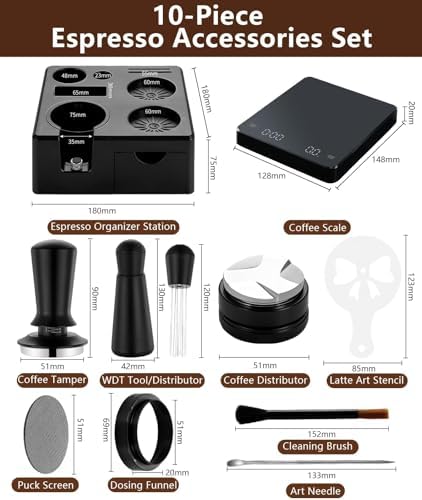 10 PCS Espresso Accessories Kit - 51mm Espresso Tools Set with WDT Tool, Espresso Tamper, Tamping Station, Coffee Distributor, Dosing Funnel, Puck Screen, Latte Art Pen,Stencils & Coffee Scale - Image 2