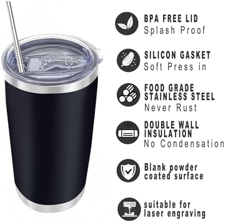 20oz insulted tumblers stainless steel cup Tumbler Bulk with push Lid, and metal straw powder coated coffee cup for cold and hot drinking (48, black) - Image 2