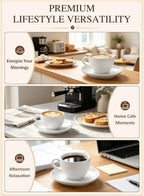 Porcelain Coffee Cups Set with Saucer, White, 6 Ounce, Set of 4 - Image 3
