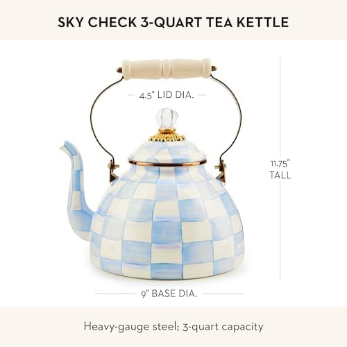 MACKENZIE-CHILDS Tea Kettle, 3 Quarts, Light-Blue-and-White Sky Check - Image 4