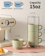 HASENSE Ceramic Coffee Mugs Set of 4 with Rack - 15 oz Stackable Large Porcelain Ribbed Latte Cup Set for Cappuccino, Tea, Hot Cocoa, Drinks - Dishwasher & Microwave Safe, Sage Green - Image 2