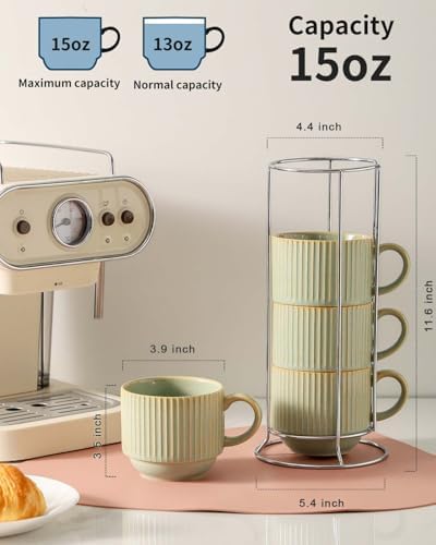 HASENSE Ceramic Coffee Mugs Set of 4 with Rack - 15 oz Stackable Large Porcelain Ribbed Latte Cup Set for Cappuccino, Tea, Hot Cocoa, Drinks - Dishwasher & Microwave Safe, Sage Green - Image 2