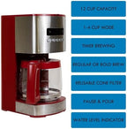 Kenmore Drip Coffee Maker - Programmable Cafe Machine With Glass Pot, Regular & Bold Brew, Auto Shut Off Large Water Reservoir, Reusable Filter, Kitchen Appliances For Cafeteria Barista, 12 Cup Red - Image 3