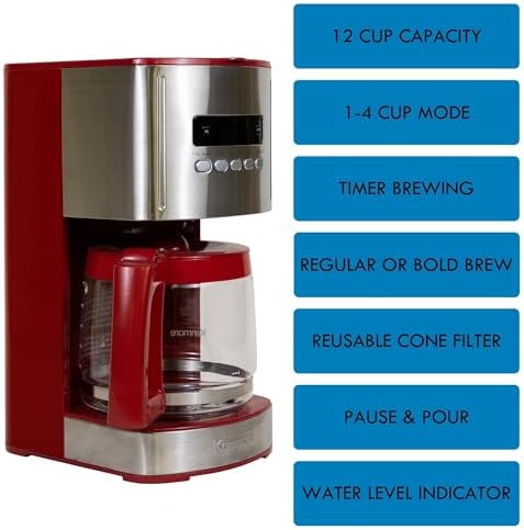 Kenmore Drip Coffee Maker - Programmable Cafe Machine With Glass Pot, Regular & Bold Brew, Auto Shut Off Large Water Reservoir, Reusable Filter, Kitchen Appliances For Cafeteria Barista, 12 Cup Red - Image 3