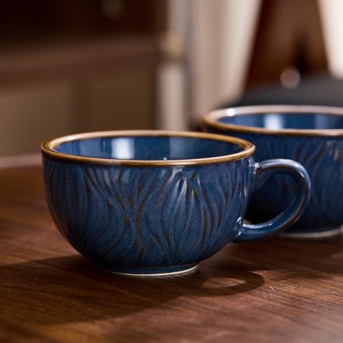Coffeezone Set of 6 Vintage Design 12 oz Professional Barista Ceramic Latte Art Cappuccino Cups Set (Wave Blue) - Image 5