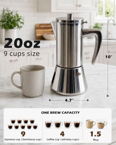 Stainless Steel Moka Pot 9 Cup 20 oz, All-Metal Stovetop Espresso Maker, Plastic-Free Non-Toxic, for Induction Gas Electric Ceramic Halogen, Portable Camping Travel - Image 2