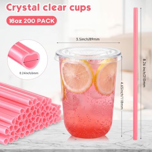Ziliny 200 Sets 16 oz Clear Plastic Cups with Heart Shaped Straws and Lids - Image 3