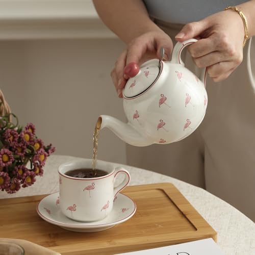 Farmhouse Animal Pattern Teapot with Infuser for Loose Leaf Tea, 20.3 Fl oz (600ml), White with Animal Illustration (Flamingo) - Image 5