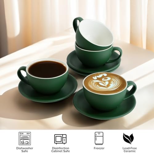 Yundu Matte Green Cappuccino Cups Set of 4-10oz Ceramic Latte Mugs with Saucers, Elegant Espresso Cups for Coffee & Tea - Image 3