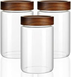 3 Pack 28 fl oz/850 ml Clear Glass Storage Canister with Airtight Wooden Screw On Lid, Medium Decorative Glass Container Jar Set for Coffee, Candy, Cookie, Condiment, Pepper, Sugar, Oatmeal by MOLADRI
