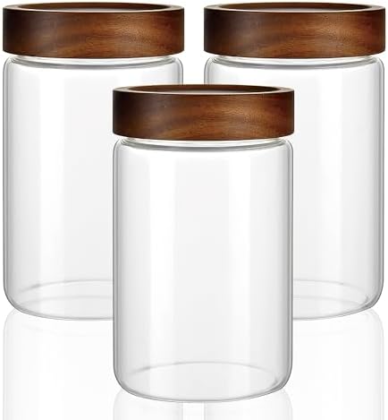 3 Pack 28 fl oz/850 ml Clear Glass Storage Canister with Airtight Wooden Screw On Lid, Medium Decorative Glass Container Jar Set for Coffee, Candy, Cookie, Condiment, Pepper, Sugar, Oatmeal by MOLADRI