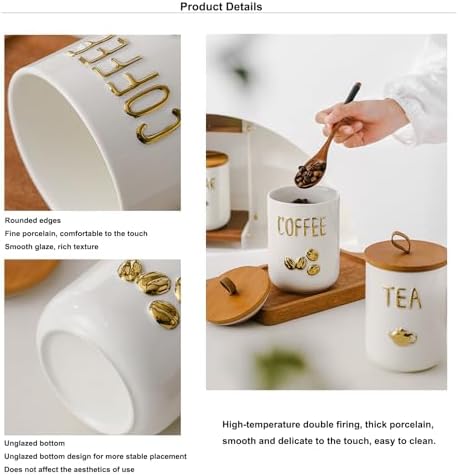 YYW Kitchen Canisters for Countertop, White Airtight Ceramic Canister with Seal Wooden Lid Storage Container for Coffee Bean Ground Coffee Sugar and Tea (Three piece) - Image 4