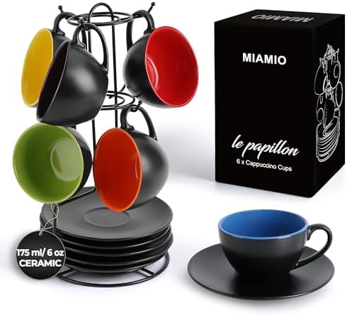 MIAMIO - Set of 6, Ceramic Stackable Cappuccino Cups Set / 6 Ounce Cappuccino Mugs and Saucer with Metal Stand for Coffee Drinks, Cafe, Latte, Americano and Tea - Le Papillon Collection (Mixed) by MIAMIO