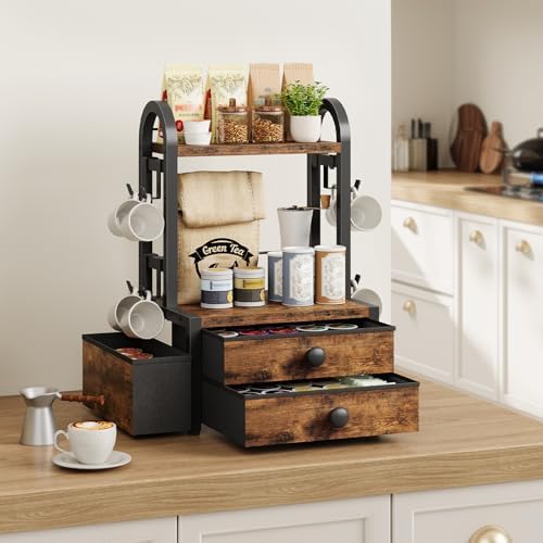 HOOBRO Coffee Mug Tree, 2 Tier Mug Organizer, Coffee Mug Cup Holder with a Sliding Drawer, Mug Display Stand with 8 Hooks, Countertop Holder Rack, Black and Rustic Brown BF04CR01 - Image 6