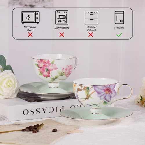 KAMMAK Tea Cups Set of 2,Ceramic Floral Pattern Demitasse Cup - Image 6