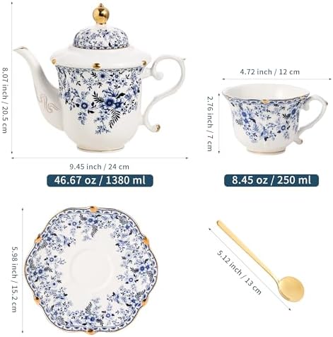 TATSUMI Country Roses Porcelain Tea Set, European Ceramic tea set for adults,Vintage Style, For Women and Tea Parties (BLUE, 13 Pieces Set) - Image 2