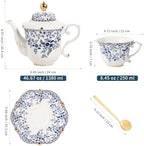 TATSUMI Country Roses Porcelain Tea Set, European Ceramic tea set for adults,Vintage Style, For Women and Tea Parties (BLUE, 13 Pieces Set) - Image 2
