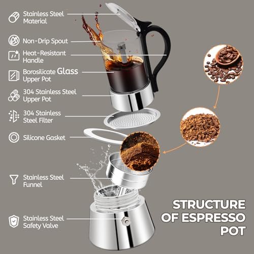 Clear Glass Moka Pot 6 Cup 350ml Stainless Steel Coffee Maker - Image 3