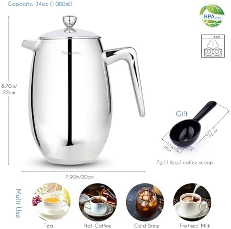 Easyworkz Nando French Press 34 oz Double Wall, Bundled with Retro Stainless Steel 10g Measuring Coffee Spoon, Brushed Gold - Image 2