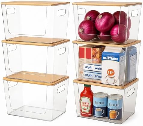 CiWiVOKi 6 Pack Clear Stackable Storage Bins with Bamboo Lids, Trash Bag Holder Dispenser Under Sink Organizer for 4-13 Gal Bags, Plastic Storage Containers for Pantry Bathroom Kitchen Organization by CiWiVOKi