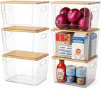 CiWiVOKi 6 Pack Clear Stackable Storage Bins with Bamboo Lids, Trash Bag Holder Dispenser Under Sink Organizer for 4-13 Gal Bags, Plastic Storage Containers for Pantry Bathroom Kitchen Organization by CiWiVOKi