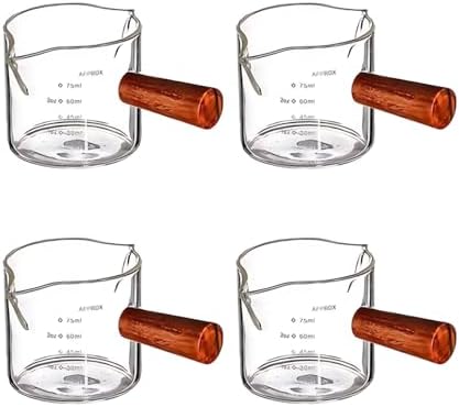 4 Pcs Glass Espresso Extraction Cup with Scale, Double Spout, Mini Milk Jug, Borosilicate Glass, Wood Handle, Precise Pouring and Measuring for Espresso Enthusiasts, Home and Barista Use by Unknown