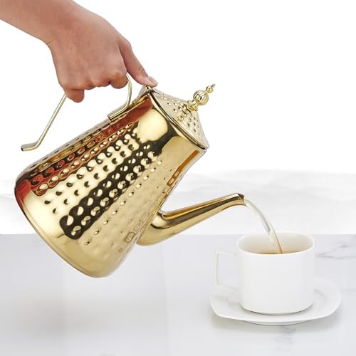 SANQIAHOME 1.8L(60oz) Stainless Steel Hammer Patterned Teapot With Removeable Infuser,Loose leaf cover,Gold - Image 2