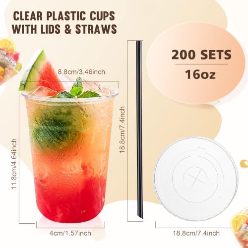 tchrules 200 Set 16oz Clear Plastic Iced Coffee Cups with Lids and Straws - Image 2