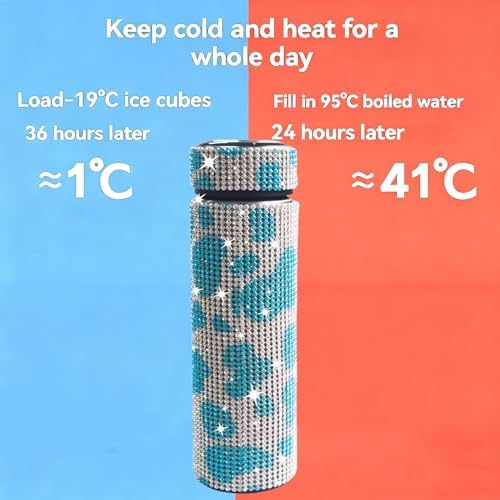 17 oz Bling Stainless Steel Water Bottle Rhinestone Vacuum Water Bottle Glitter Bottles Diamond Vacuum Flask Mug Gift Girls Women (500ml),Cow Sky Blue - Image 4