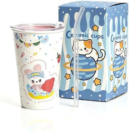 YQ&QMK 3D Embossed cartoon animals Ceramic Cup with Lid & Glass Straw, 16oz Hand-Painted Ice Cream Design Travel Coffee Tumbler, Cute Mug (Cape Rabbit) by AhandmadeceramicstandinginYQAMK