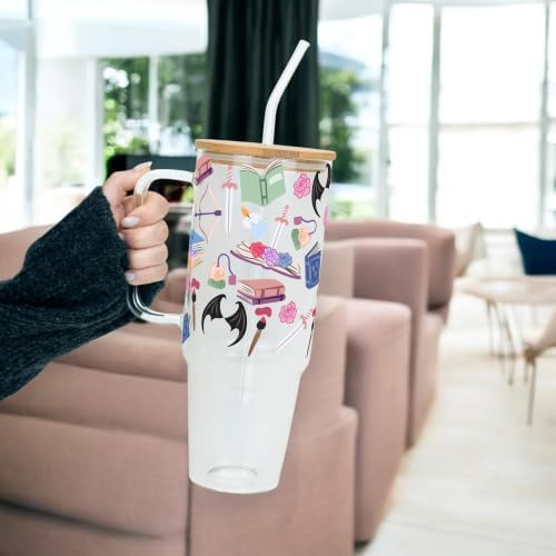 Sip-Sip Hooray! Bat Fantasy Bookish 40oz Glass Tumbler with Handle, Lid and Straw, Romantasy Fae Reader Iced Coffee Cup, Bat Wings Roses Daggers Book Lover Tumbler - Image 3