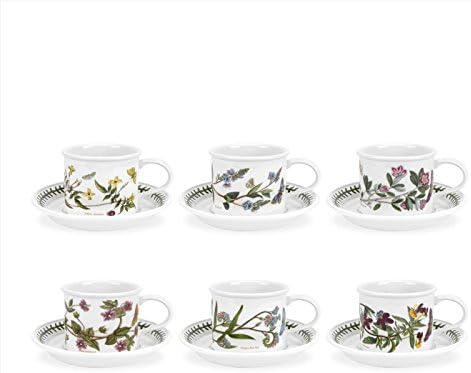 Portmeirion Botanic Garden 7oz Teacup & Saucer (Set of 4) - Poppy Motif, Drum Shaped Porcelain Tea Set, Chip-Resistant Glaze - Dishwasher, Microwave, Freezer, Oven Safe - Floral Afternoon Tea by Portmeirion