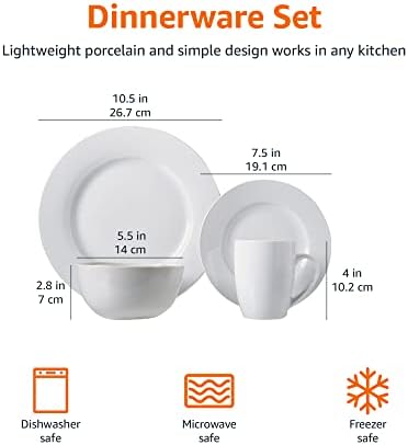 Amazon Basics 16-Piece Porcelain Dinnerware Set, Microwave and Dishwasher Safe, Service for 4, Plates, Bowls and Mugs, White - Image 7
