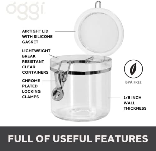 Oggi 4pc Clear Canister Set with Clamp Lids Airtight Containers in Sizes Ideal for Kitchen & Pantry Storage of Bulk, Dry Foods Including Flour, Sugar, Coffee, Rice, Tea, Spices & Herbs - Image 2