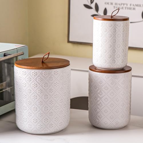 Mowtanco Embossed Ceramic Canister Set with Airtight Bamboo Lid - Image 7