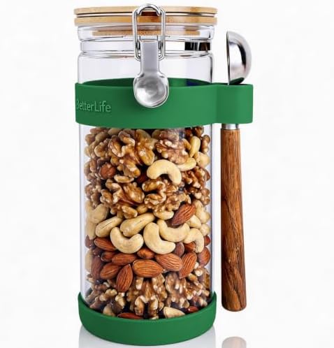 KKC Nut Storage Container Airtight Glass Jar 1500ml 50 oz - Airtight Pantry Storage Canister with Bamboo Lid, Silicone Protective Sleeve & 1 TBSP Long Wooden Handle Spoon for Walnut Almond Pecan by KKCHOMEACCENTSGmbH
