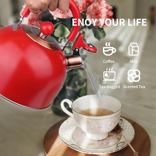 2.6 Quart Red Whistling Tea Kettle for Stovetop, Stainless Steel Teapot with Cool-Touch Handle, Loud Whistle, Wide Base, Gas Electric Induction Compatible - Image 5