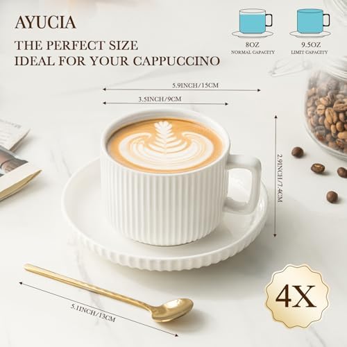 8 Ounce Cappuccino Cups Set of 4, Latte Mugs with Saucers and Spoons, White Cream Ceramic Coffee Mugs Tea Cups for Cappuccino Latte Mocha Au Lait Macchiato Cafe - Image 5