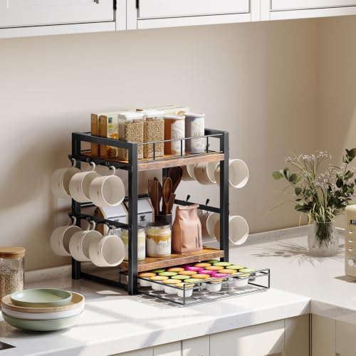 HOOBRO Coffee Mug Cup Holder, Tree Bar Station Organizer for Countertop, 12 Hooks Mug Stand Rack & Sliding Drawer intended for 30 K-Cup Pods, 2 Tier Mug Display Stand, Rustic Brown and Black BF11TL01 - Image 5