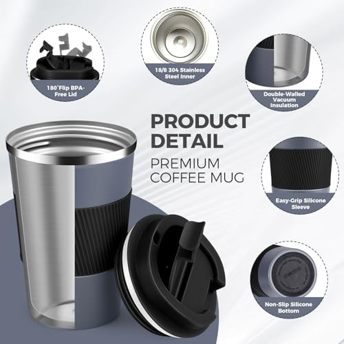 Volhoply 13 oz Stainless Steel Insulated Travel Coffee Mug with Fip Lid Bulk 4 Pack,Reusable Double Wall Vacuum Metal Coffee Cup,Portable Leak Proof Thermal Tumbler for Hot & Cold Drinks(Gray,4) - Image 3