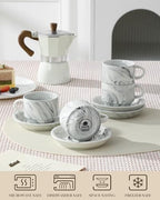 MALACASA 4 OZ Porcelain Espresso Cups with Saucers and Metal Stand Set of 4, Stackable Cappuccino Cups, Marble Gray Expresso Shots Cup Set for Coffee Drinks, Latte, Tea - Image 4