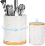 TEATALK Ceramic Utensil Holder Set, 360° Rotating Organizer for Countertop, Farmhouse Vintage Style, Large and Small Crocks in White, 7.7"+5.7" by TEATALK