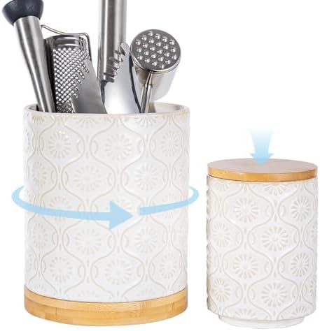 TEATALK Ceramic Utensil Holder Set, 360° Rotating Organizer for Countertop, Farmhouse Vintage Style, Large and Small Crocks in White, 7.7"+5.7" by TEATALK